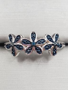 Genuine Blue Diamond 925 Sterling Silver Triple Flower Ring